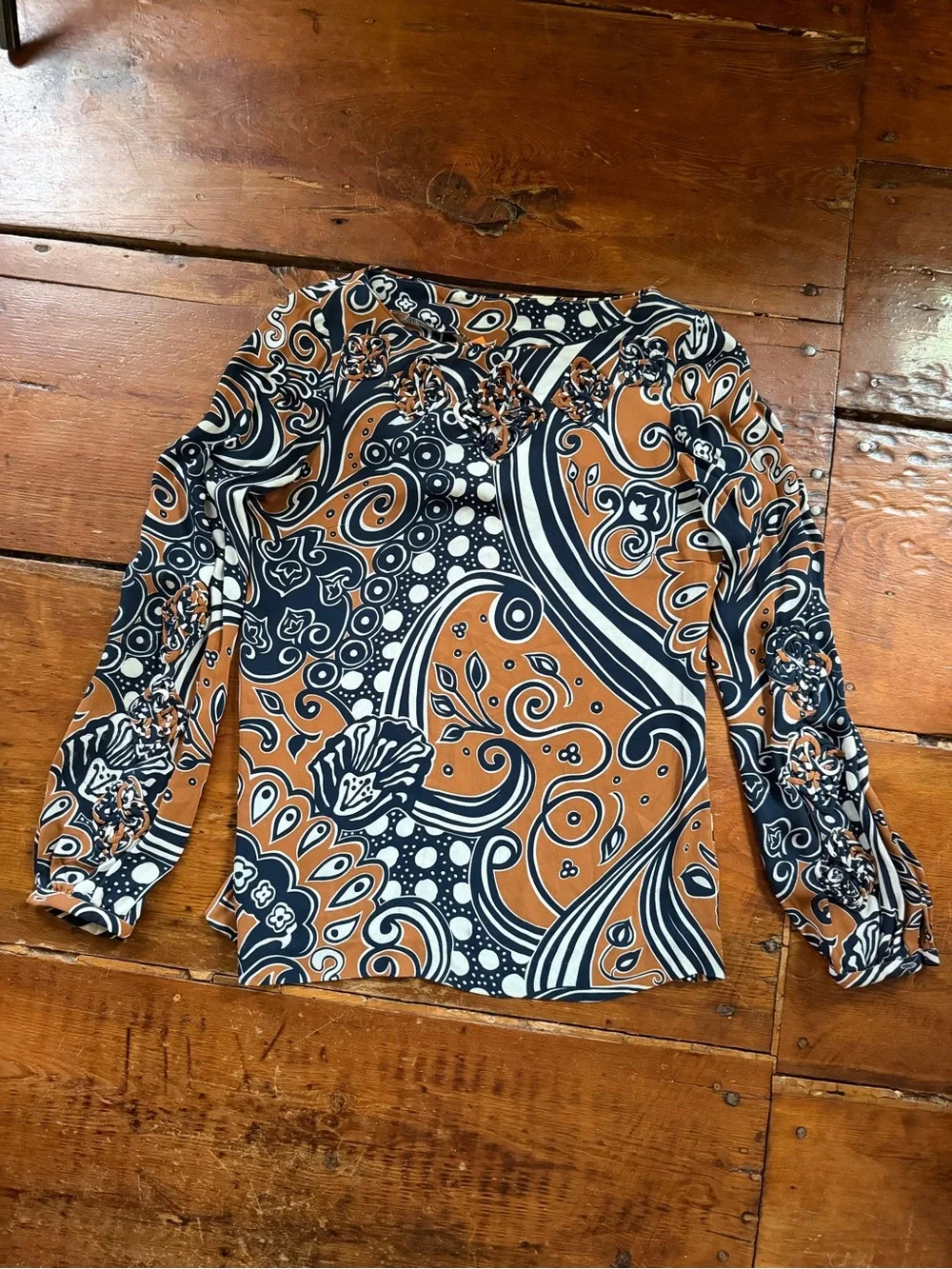 Tory Burch Black and Brown Paisley-Print Long Sleeve Blouse